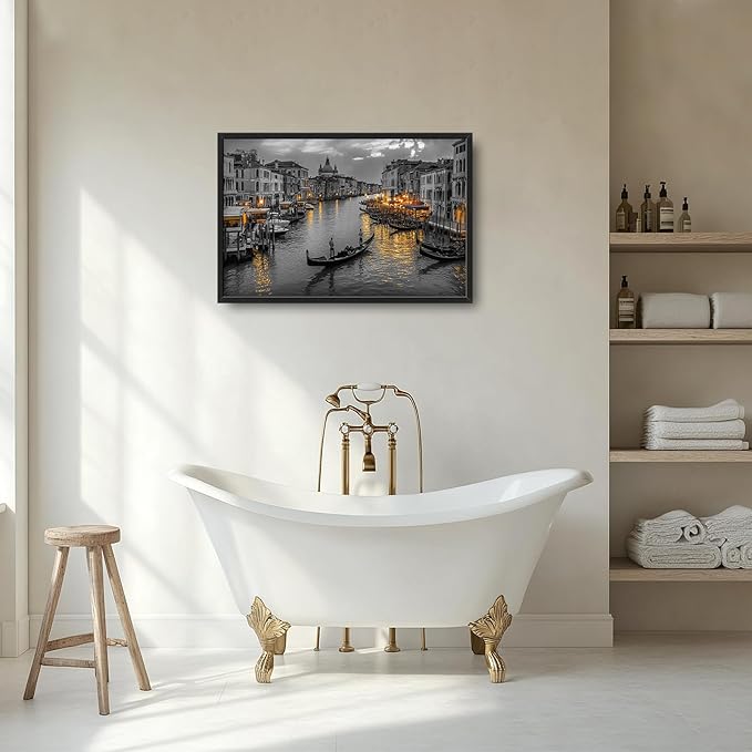 Olivine Italy Large Wall Art, Venice City Pictures Wall Decor, Black and White Painting, Cityscape Canvas Prints, Framed Artwork for Dining Room Living Room Bedroom Bathroom Office Home Decor 36"x24"