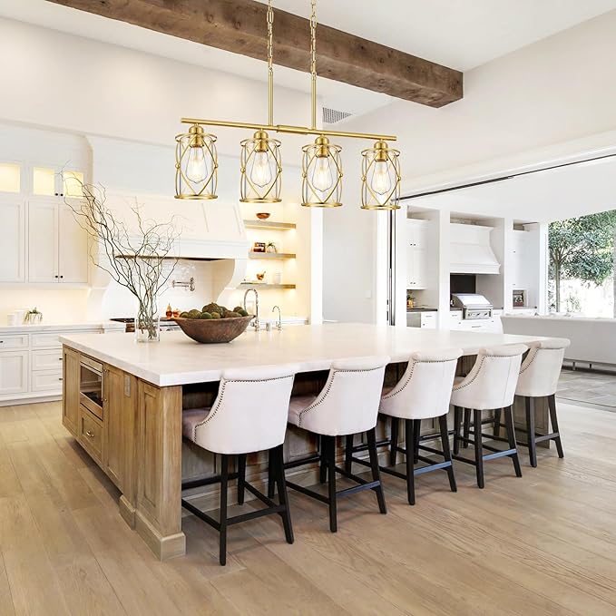 4-Light Kitchen Island Lighting, Modern Brushed Gold Dining Room Light Fixtures