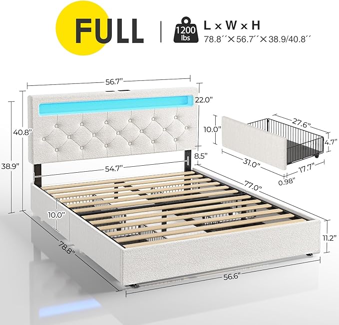 Rolanstar Full Size Bed Frame with 4 Storage Drawers and Charging Station, Full Bed with Led Lights, 2 USB & 1 Type C, Adjustable Headboard 38.9/40.10 Inches, No Box Spring Needed, White