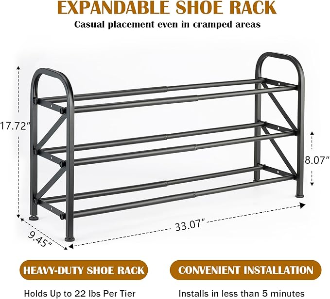 3-Tier Expandable Shoe Rack for Closet，Adjustable Shoe Rack，Black Metal Free Standing Shoe Rack for Entryway Closet Doorway