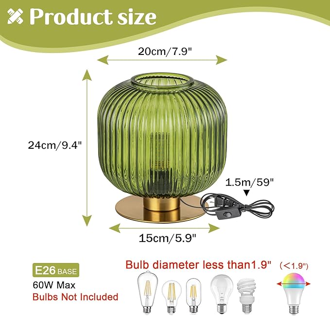 Glass Globe Table Lamp, Mid Century Modern Green Table Lamp, Vintage Gold