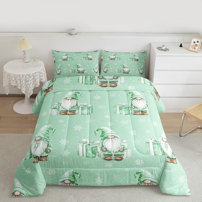 Feelyou Green Christmas Comforter Set All Season Scandinavian Christmas Santa Gnomes Bedding Set with 1 Pillow Cases Xmas Snowflake Kids Toddler Bedclothes Bedroom Decor Breathable Soft