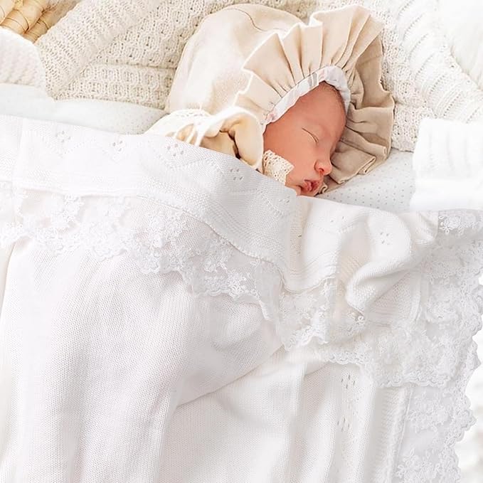 Booulfi Baby Blanket for Girls Boys Swaddles for Newborns Receiving Blankets Neutral Baptism Christening Knit White Baby Blanket Small Baby Crib Blanket, 37x42