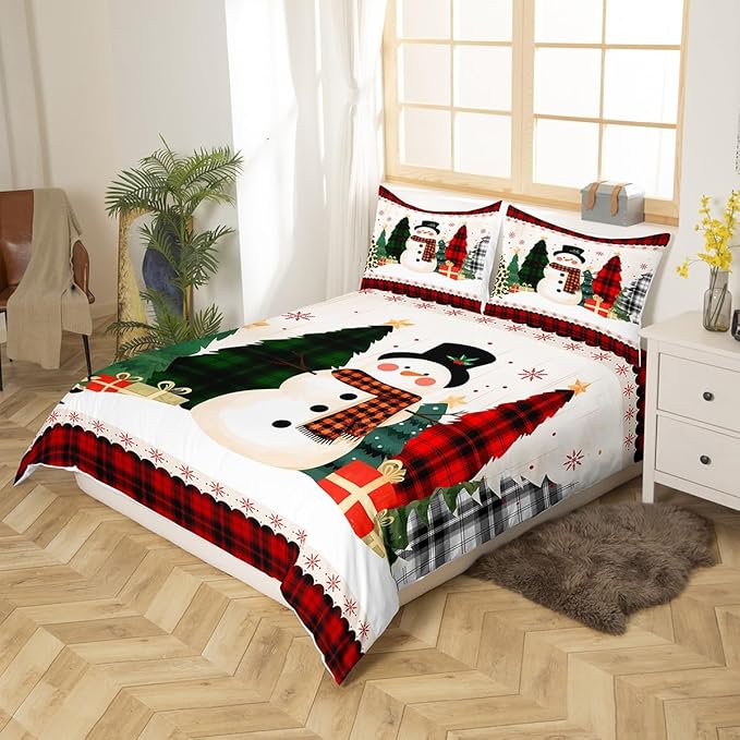 Manfei Snowman Duvet Cover Set Twin Size, Xmas Leopard Plaid Trees Snowflake Comforter Cover with 1 Pillowcase, Christmas Theme Bedding Set 2pcs for Kids Girl New Year Bedspread Cover,No Comforter
