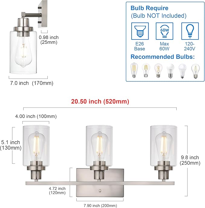 MELUCEE 3 Lights Wall Sconce Brushed Nickel Finished Modern Bathroom Vanity
