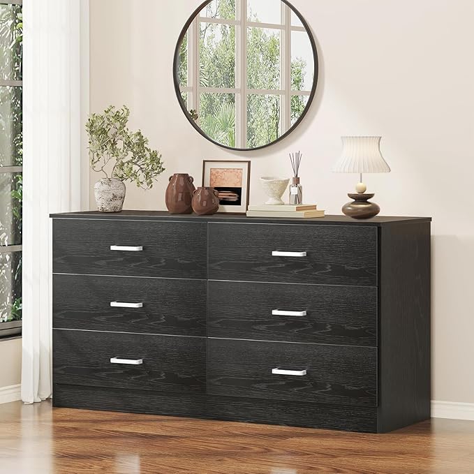 Bigbiglife Wood Dresser for Bedroom, 6 Drawer Double Dresser, Modern Chest of Drawers with Deep Drawers, Large Storage Organizer for Living Room, Closet (Black)