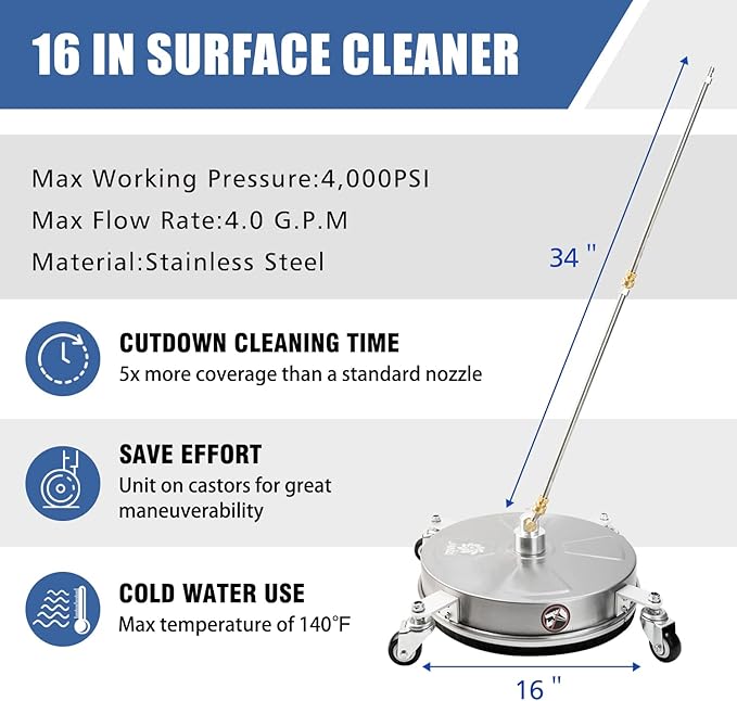JANZ 16" Pressure Washer Surface Cleaner with 4 Wheels, Stainless Steel Housing, 1/4" Quick Plug, 2 Extension Wand Attachments, 2 Replacement Nozzles and 3 Spray Nozzles, 4000 PSI