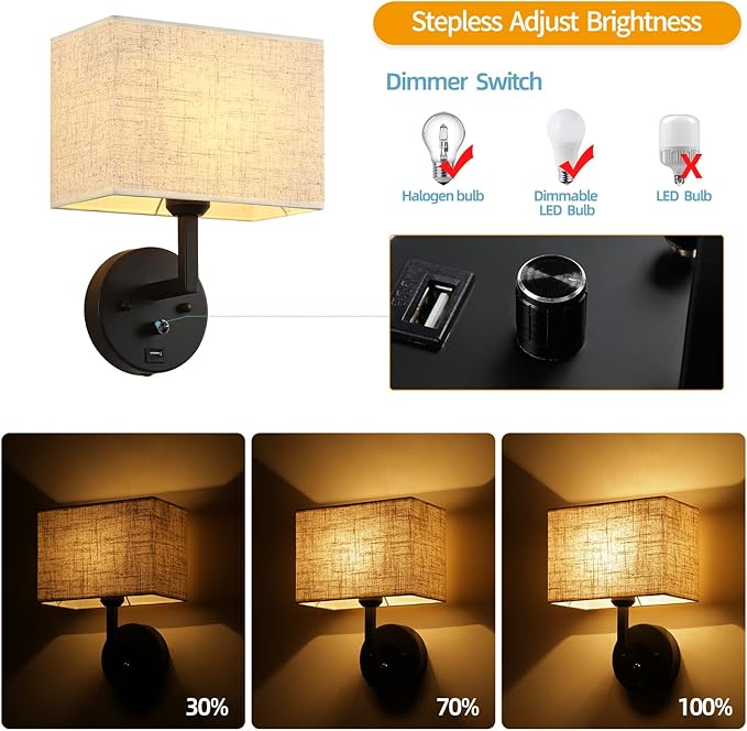 Plug in Wall Sconce with Dimmer Switch and USB Port，9.5“Rectangular Linen