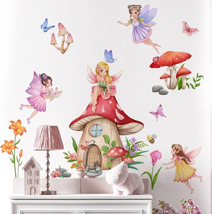 Fairy Girls Wall Decals Mushroom with Flowers Butterfly Wall Stickers for Baby Nursery Girls Bedroom Wall Decor