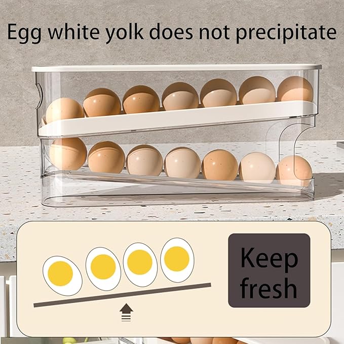 2pcs Auto Rolling Egg Holder for Fridge, Egg Dispenser/Organizer/Storage/Container with Lid for Refrigerator, Sturdy and Durable Space-Saving Egg Tray for 12 Large Eggs