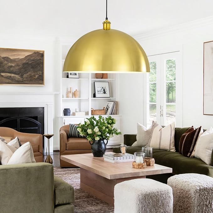 Gold Pendant Light, Elegant Semi-Circular Shade Design, Adjustable Height