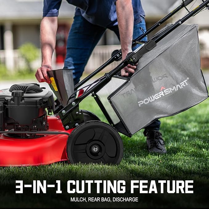 PowerSmart Self Propelled Gas Lawn Mower, 22-Inch with 140cc Briggs and Stratton E550 Engine 3-in-1 Rear-Wheel Drive Lawnmower with Bagging