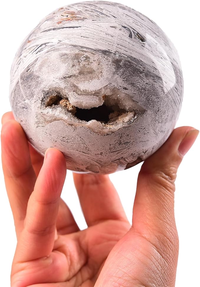 JIC Gem Large Mexican White Agate Crystal Sphere with Stand Gemstone Decorative Ball for Home Decor Altar Reiki Crystal Gift 80-90mm