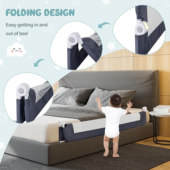 BABY JOY Double Sided Bed Rail Guard, 2 Pack, Extra Long, Swing Down for Convertible Crib, Folding Baby Safety Bedrail for Kids Twin Full Size Queen King Mattress, Rails for Toddlers (Dark Blue, 60")