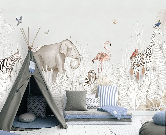 Elephant Zebra Animal Nursery Wallpaper Wall Mural 137" x 100"