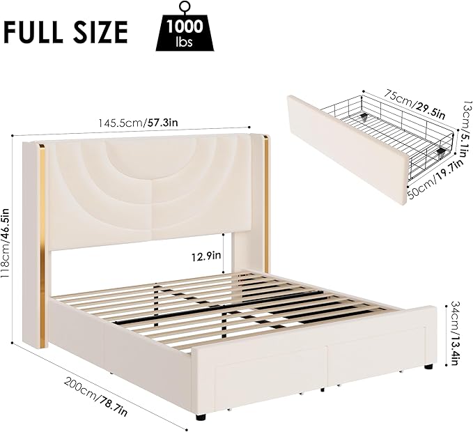 HITHOS Full Upholstered LED Bed Frame with 2 Storage Drawers, Velvet Platform Bed with Wingback Headboard, Solid Wooden Slats Support, No Box Spring Needed, Headboard Splicing Design, Beige
