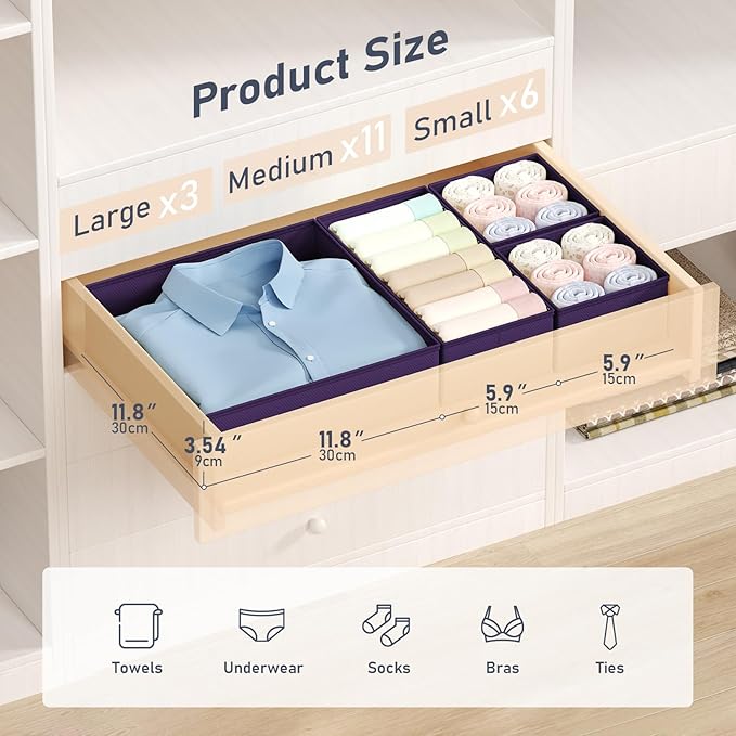 DIMJ Drawer Organizer Clothes - 20 Pack Closet Drawer Organizer Bins for Baby Clothes Storage, Fabric Dresser Organizer for Nursery Bedroom, Foldable Small Drawer Dividers for Underwear Socks