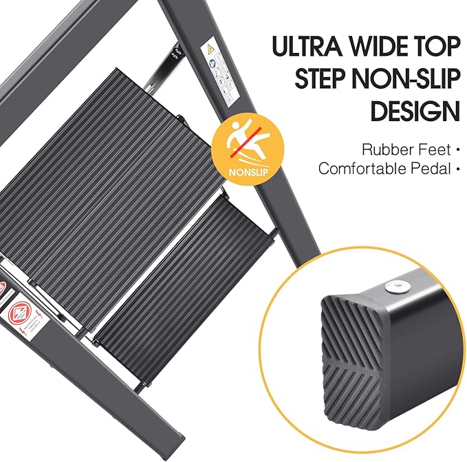 KINGRACK Step Ladder, 2 Steps, Folding Step Ladder with Handrail, Non-Slip Household Ladder with Folding Safety, Aluminium Step Stool, Maximum Load 150 kg, Black