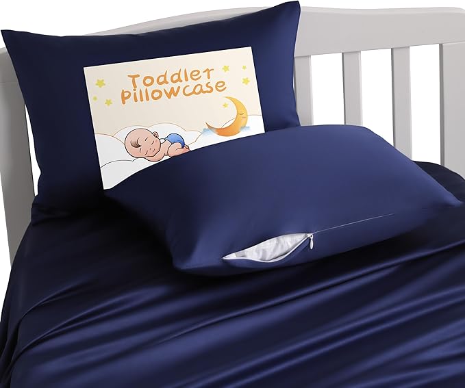 NTBAY Zippered Silk Satin Toddler Pillowcases - 2 Pack Hidden Zipper 13x18 Pillowcases - Luxury and Silky Baby Travel Pillow Covers, Navy Blue