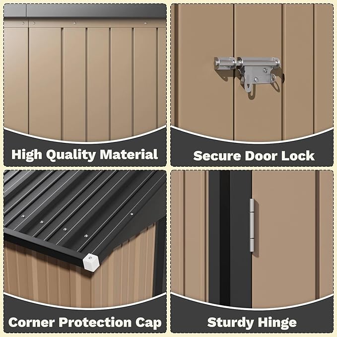 Greesum 8×6FT Outdoor Storage Shed, Metal Patio Storaged Sheds with Lockable Doors, Sheds & Outdoor Storage for Bike, Backyard, Pool and Garden, Brown