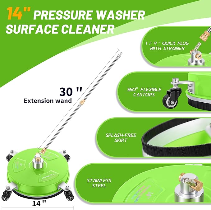 14" Pressure Washer Surface Cleaner with 4 Wheels - Coated Green Stainless Steel Surface Cleaner for Pressure Washer Attachment for Concrete, Patio, Sidewalk, Deck and Driveways - PWS14G