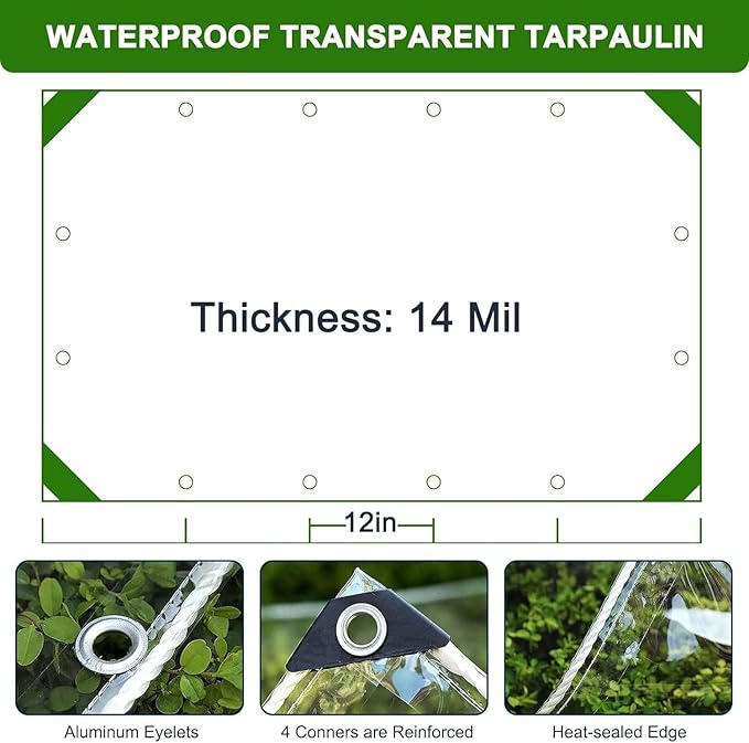 10x16ft Clear tarps with Grommets, Clear Tarps Heavy Duty Water Resistant with Reinforced Edge,14Mil Thickened Transparent Tear Resistant Waterproof PVC Vinyl Tarp Enclosure for Patio,Porch, Outdoor