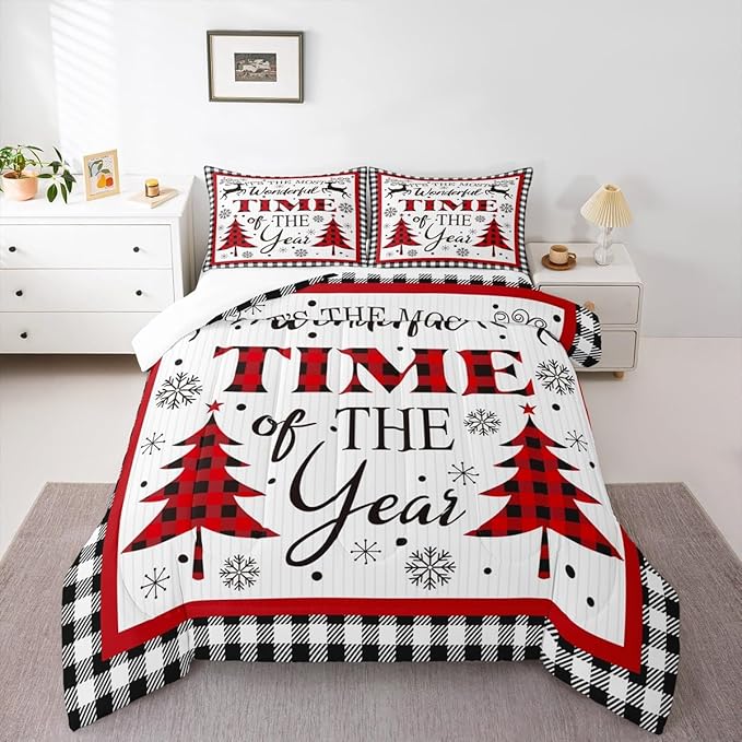 Merry Christmas Kids Comforter Set Twin Size,Snowflake Deer Pine Trees Romantic Bedding,Girls Boys Adults Bedroom/Xmas Cabin Decor,Grids Stylish Down Comforter,Rustic Duvet Insert,1 Pillowcase