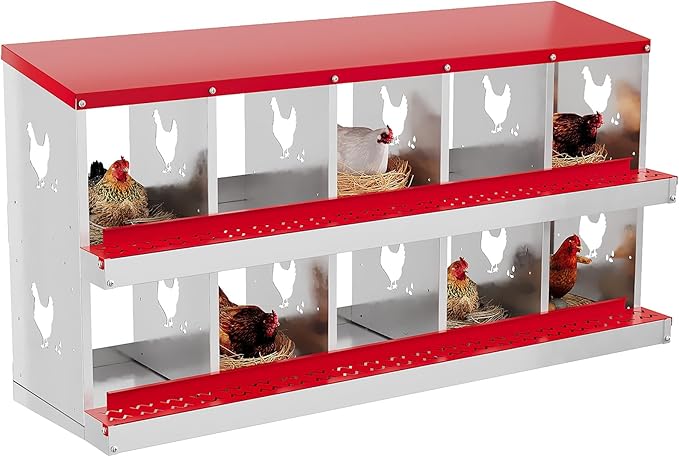 Heavy Duty Galvanized Metal Chicken Nesting Box - Rustproof Egg Laying Box for Hens with Slanted Roof, Rollout Design - Wall Mount or Freestanding Poultry Nest for Chicken Coop (10-Hole)