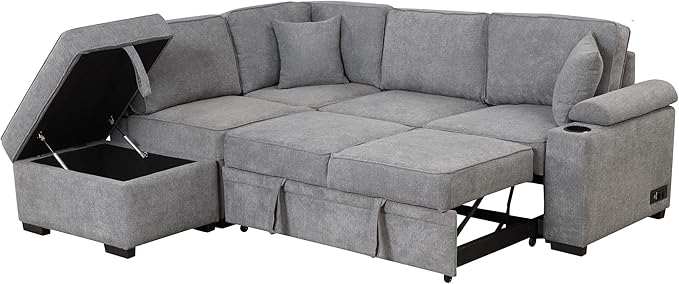 Ball & Cast Sleeper Sofa Bed L Shaped Couch with Storage Ottoman,Pull-Out Sectional Sofa Couch w/Cup Holder and Charging Stations,for Living Room and Small Apartment,Grey