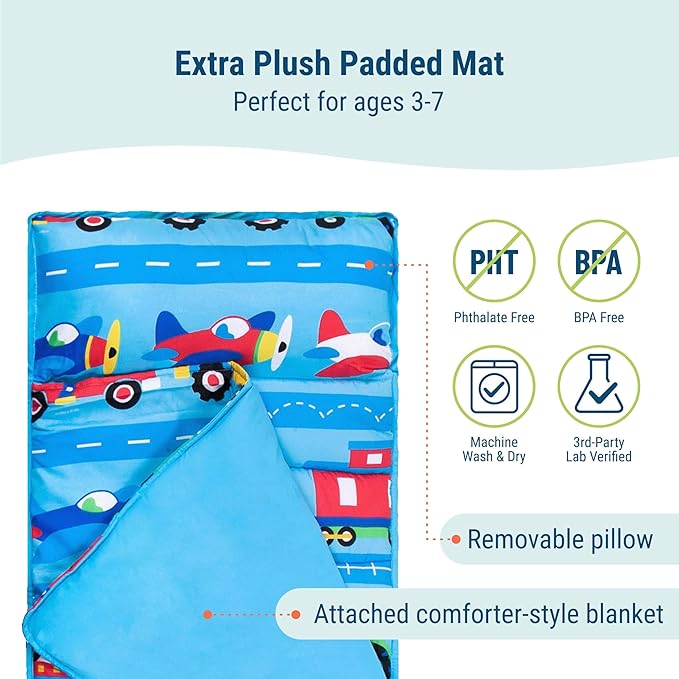 Wildkin Kids Microfiber Nap Mat – Soft Sleep Mat with Pillow, Ideal for School & Travel - Trains, Planes, and Trucks