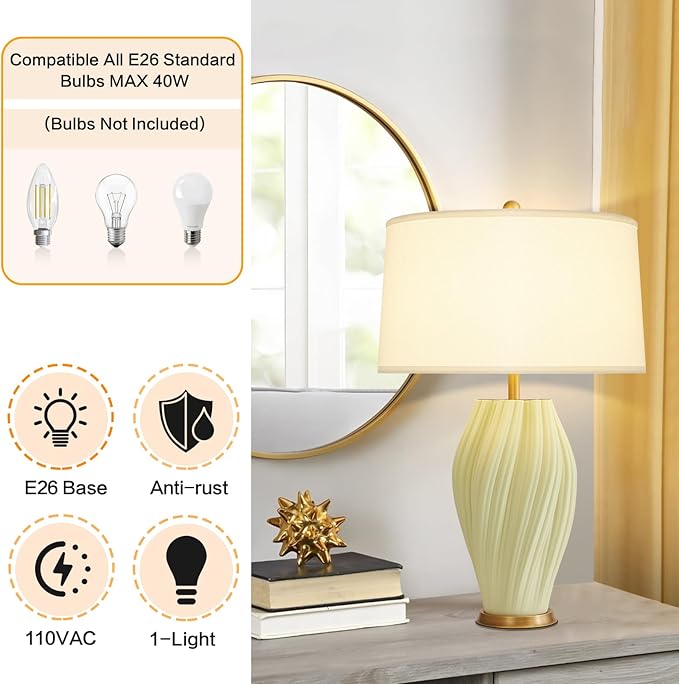 Modern Textured Ceramic Large Table Lamps 26.75", Sage Green Plug in Table Lamp