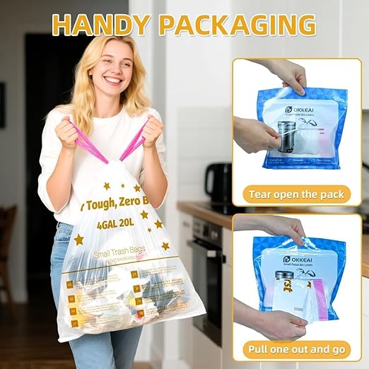 OKKEAI 4 Gallon Small Tear-Free Drawstring Trash Bags, White Bathroom Garbage Bags 60 Count – Heavy Duty Leak-Proof Wastebasket Liners with Safety Warning for Bathroom, Kitchen, Bedroom, Office