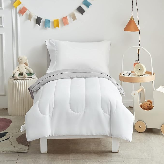 UOZZI BEDDING 4 Pieces Toddler Bedding Set Ultra Soft and Breathable Toddler Sheet Set - Includes Comforter, Flat Sheet, Fitted Sheet and Pillowcase - White & Gray