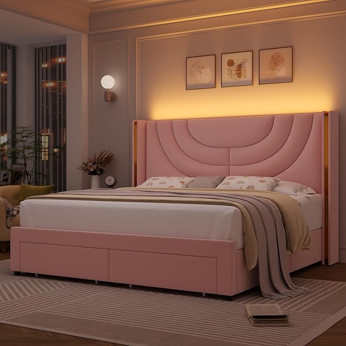HITHOS Full Upholstered LED Bed Frame with 2 Storage Drawers, Velvet Platform Bed with Wingback Headboard, Solid Wooden Slats Support, No Box Spring Needed, Headboard Splicing Design, Pink
