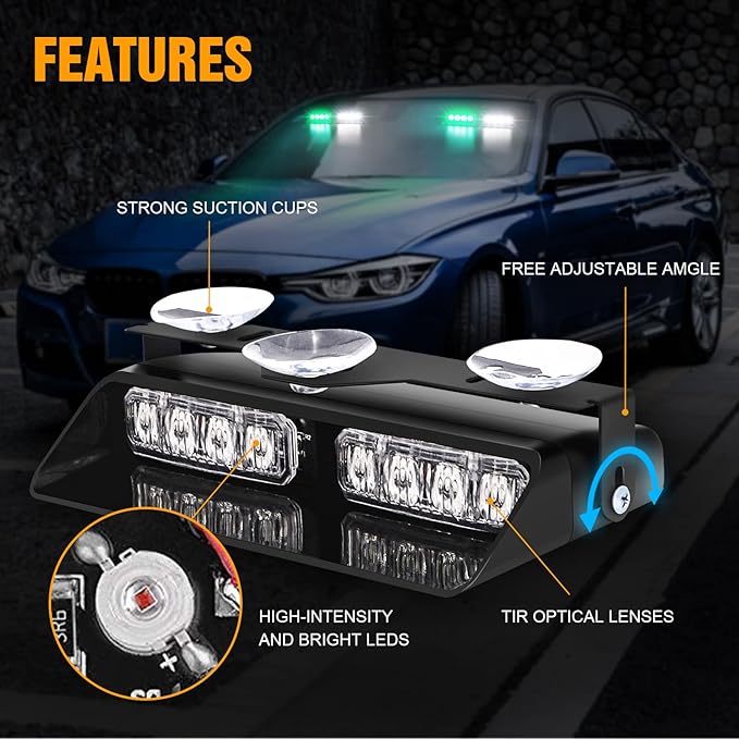 XRIDONSEN 2 in 1 Green White Dash Emergency Strobe Lights Interior Windshield