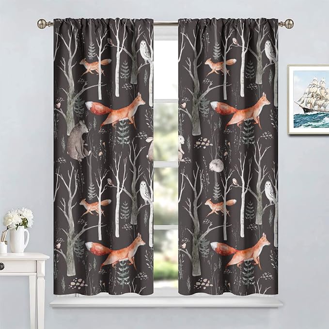 Rustic Forest Curtain, Woodland Country Hunting Animal Deer Fox Wildlife Bear Farmhouse Lodge Cabin Blackout Rod Pocket Windows Door Curtain for Bedroom Living Room Home Decor 42x54in