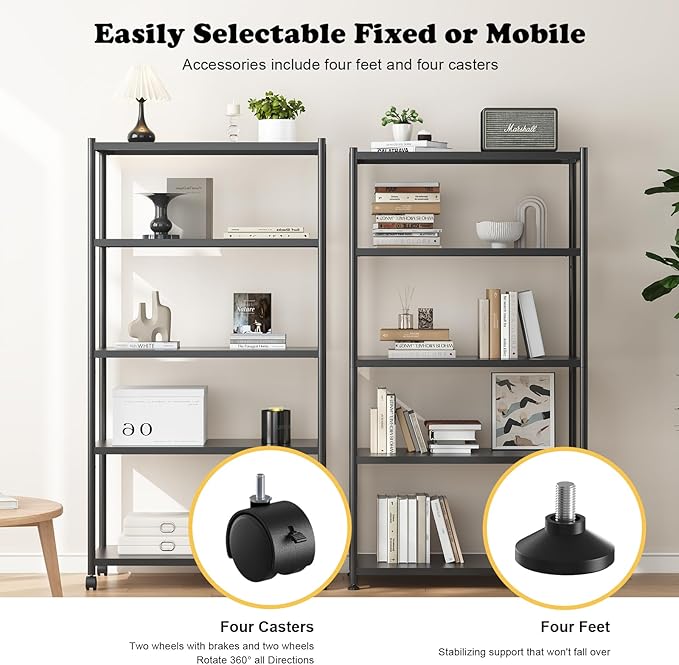 ZZL 5 Tier Large Bookshelf 31.49" Width,Tall Book Shelf Storage and Organization w/Wheels,Industrial Book Shelves for Home Office,Bedroom,School,Living Room(Black)