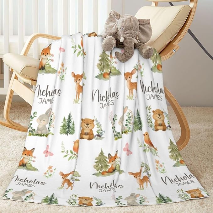 Personalized Baby Blanket for Boys Girls Super Soft Cozy Custom Baby Blanket with Name Lovely Woodland Animal Design Bed Throw for Toddler Newborn 30 x 40 Inch Customized Baby Gifts