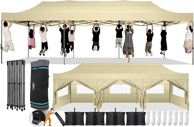 COBIZI 10x30 Pop Up Canopy with 8 Sidewall,Heavy Duty UPF 50+ All Season Wind Waterproof Commercial Outdoor Wedding Party Tents for Parties Canopy Gazebo with Roller Bag(10 x 30 ft Khaki)