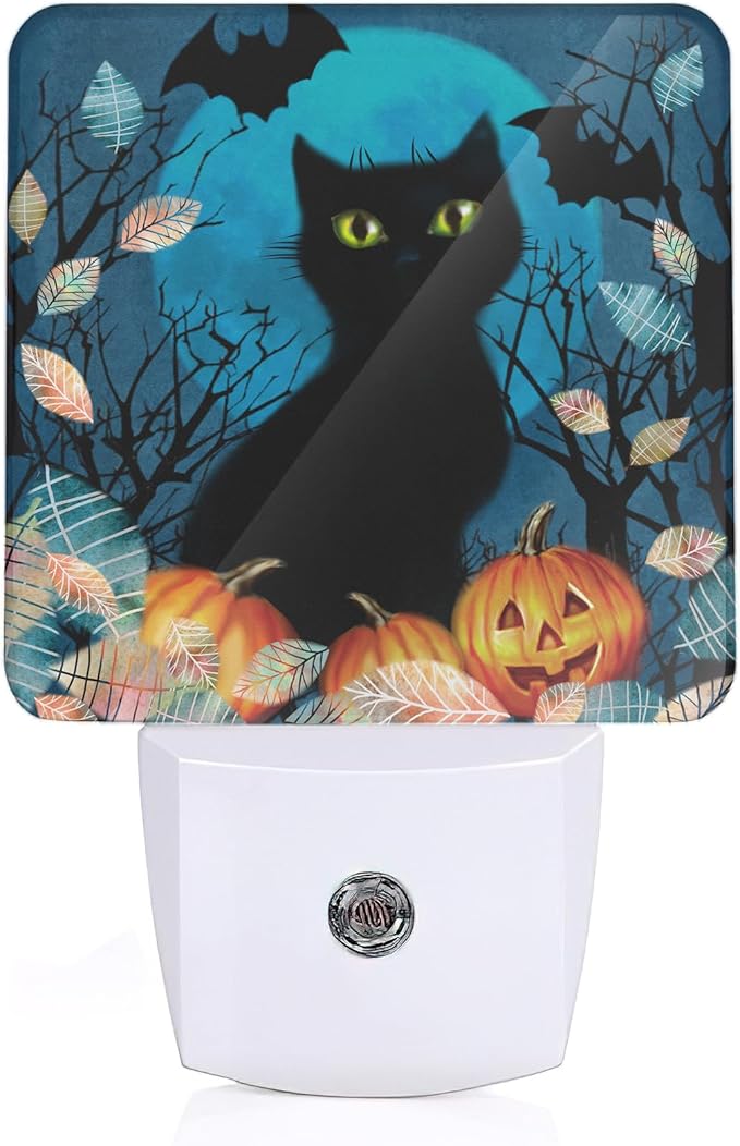 Cat Night Light, Halloween Black Cat Bat Pumpkins Night Lights Plug into Wall