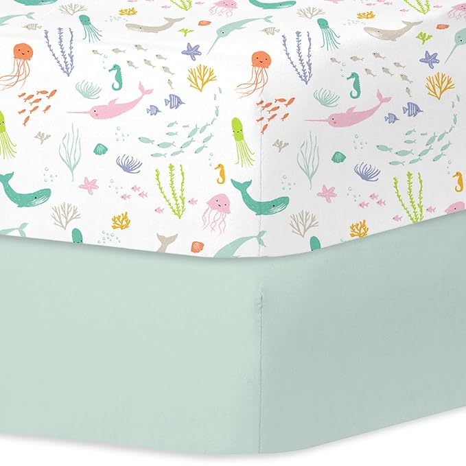 Little Grape Land Crib Sheets for Boys and Girls, 2-Pack Soft Microfiber Fitted Baby Sheets for Standard Crib and Toddler Mattress – Breathable & Secure (Ocean & Green)