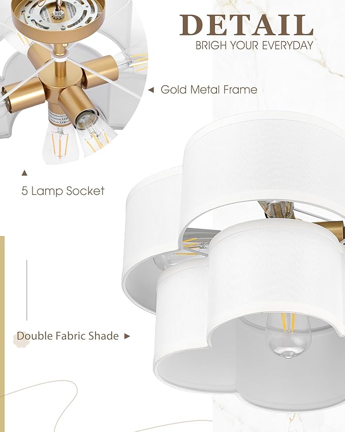 Gold Semi Flush Mount Ceiling Light, 5-Light 18" Ceiling Light Fixtures
