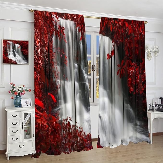 Red Forest Waterfall Blackout Windows Curtains, Waterfall Red Forest Black and Red Natural Landscape Print Window, for Living Room Bedroom 72x63in 2 Panels