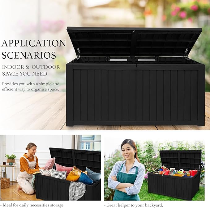 AJP Distributors 180 Gallon Outdoor Storage Box, Rain Waterproof Resin Deck Box, Lockable Large Storage Container for Patio Furniture, Cushions, Garden Tools, Sports Equipment and Pool Supplies Black