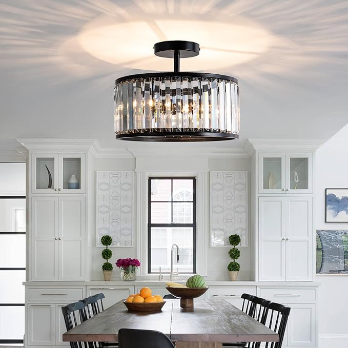 Black Crystal Ceiling Light Fixture, 3 light crystal Semi Flush Mount Ceiling