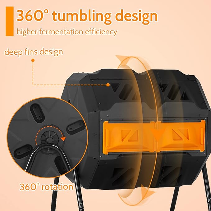 Composting Bins 43 Gallon Outdoor Tumbling Compost Bin Compost Tumbler Bucket Trash Can w/Dual Chamber Sliding Doors for Garden Patio,Orange Door