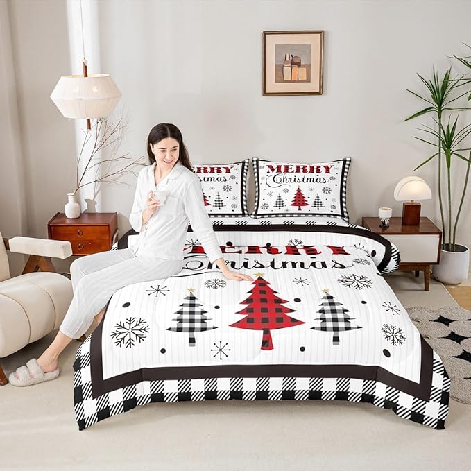 Merry Christmas New Year Kids Comforter Set Twin Size,Snowflake Pine Trees Bedding,Girls Boys Adults Bedroom/Xmas Cabin Decor,Grids Geometric Fashion Down Comforter,Rustic Duvet Insert,1 Pillowcase