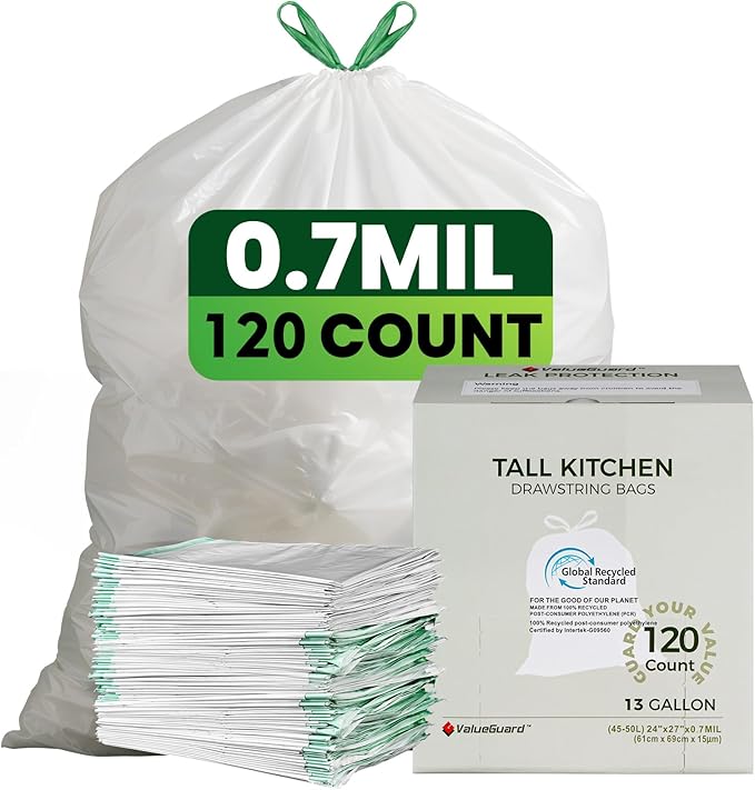 Large Trash Bag 13 Gallon Tall Drawstring 100% Post-Consumer Recycled Garbage Bag Waste Bag for Kitchen Office (120 Count, 0.7 Mil)