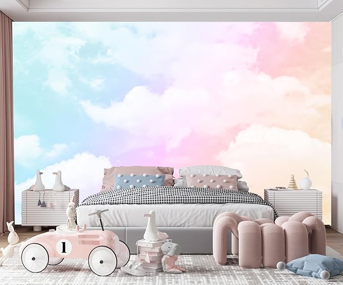 Rainbow Cloud Wallpaper for Kids Room Ceiling Sky Wall Mural for Girls Room Living Room Bedroom Dining Room Basement(Not Self-Adhesive)