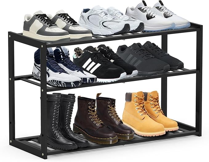 Bamboo Shoe Rack for Entryway, Stackable 3 Tier Shoe Organizer Shelf Storage 9-12 Pairs Shoes Stand Cubby for Closet Door Hallway Bedroom Garage Black, Thanksgiving